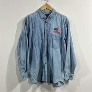 VTG Harvard Square Mens Denim American Flag Shirt Large 90s Chore Western Retro